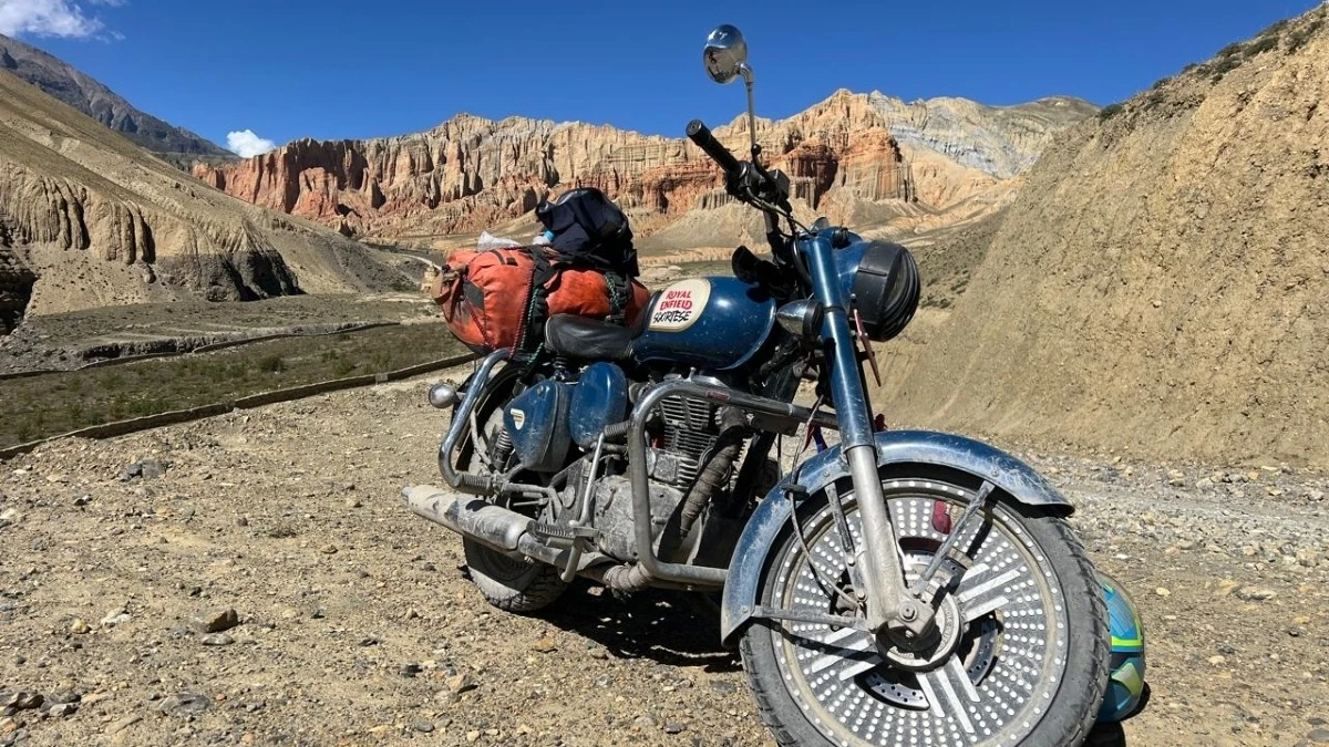 Royal Enfield Bullet motorbike during an Upper Mustang motorbike tour in Nepal